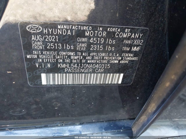 Продаж на аукціоні авто 2022 Hyundai Sonata Hybrid Limited, vin: KMHL54JJ0NA040315, номер лоту: 45949214