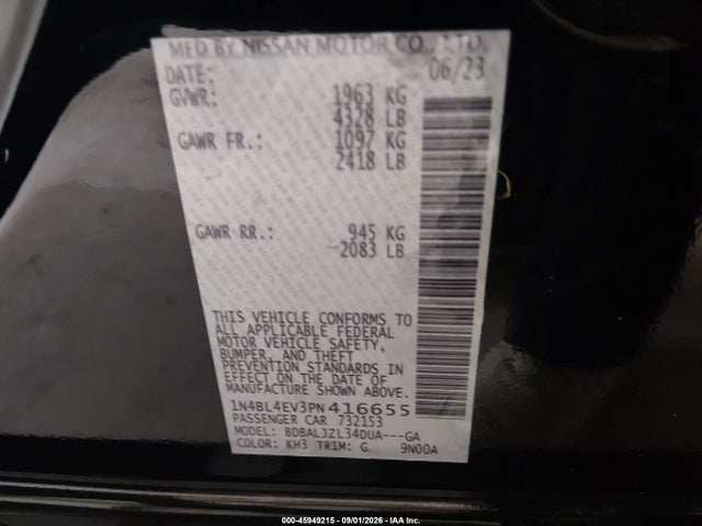 Продаж на аукціоні авто 2023 Nissan Altima Sl Fwd, vin: 1N4BL4EV3PN416655, номер лоту: 45949215