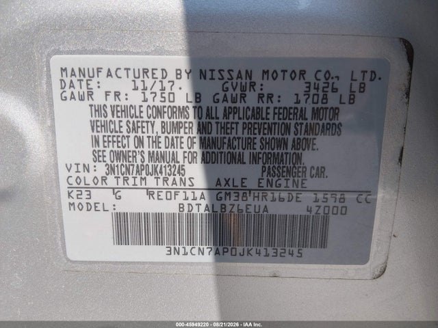 45949220 :رقم المزاد ، 3N1CN7AP0JK413245 vin ، 2018 Nissan Versa 1.6 Sv مزاد بيع