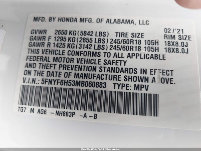 45949224 :رقم المزاد ، 5FNYF6H53MB060883 vin ، 2021 Honda Pilot Awd Ex-l مزاد بيع
