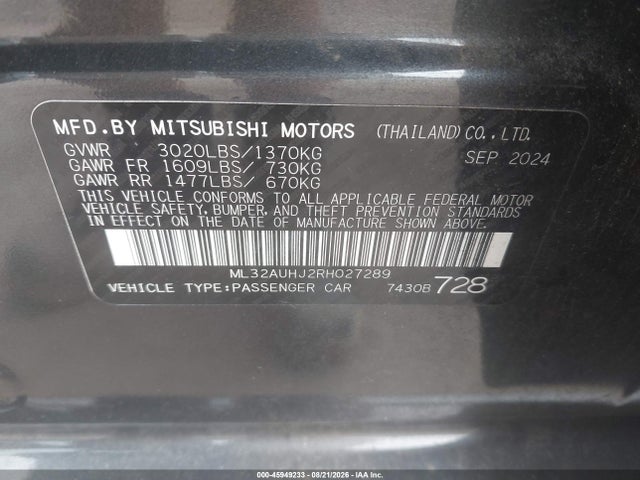 Aukcja sprzedaży 2024 Mitsubishi Mirage Es/le, vin: ML32AUHJ2RH027289, numer aukcji: 45949233