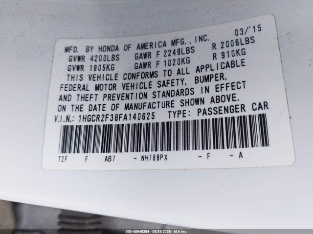 2015 Honda Accord Lx მანქანა იყიდება აუქციონზე, vin: 1HGCR2F38FA140625, აუქციონის ნომერი: 45949254