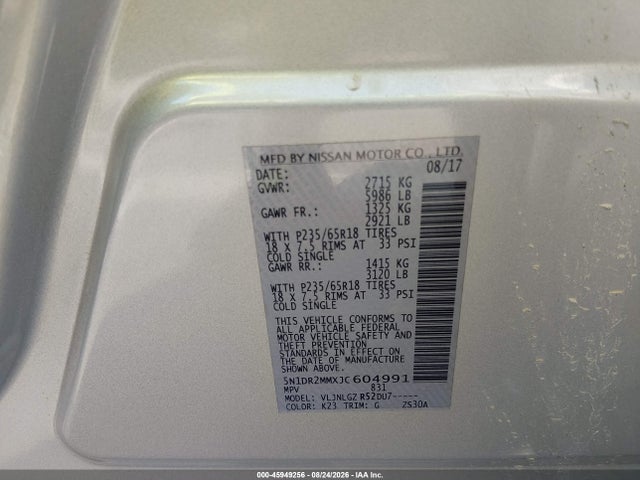 2018 Nissan Pathfinder Sl მანქანა იყიდება აუქციონზე, vin: 5N1DR2MMXJC604991, აუქციონის ნომერი: 45949256