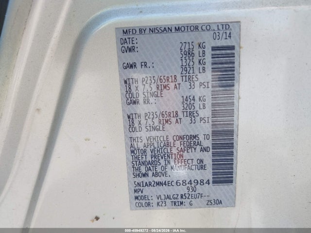 Aukcja sprzedaży 2014 Nissan Pathfinder Sl, vin: 5N1AR2MN4EC684984, numer aukcji: 45949272