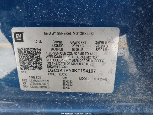 45949287 :رقم المزاد ، 1GC1KTEY0KF194107 vin ، 2019 Chevrolet Silverado 2500hd Ltz مزاد بيع