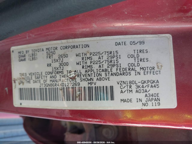 45949308 :رقم المزاد ، JT3GN86R4X0127269 vin ، 1999 Toyota 4runner Sr5 V6 مزاد بيع