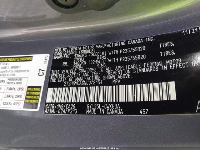 Aukcja sprzedaży 2022 Lexus Rx 450h, vin: 2T2HGMDA6NC078154, numer aukcji: 45949317