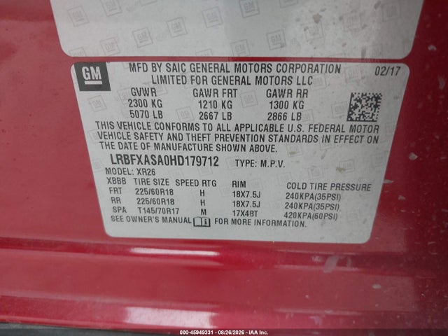 Aukcja sprzedaży 2017 Buick Envision Preferred, vin: LRBFXASA0HD179712, numer aukcji: 45949331