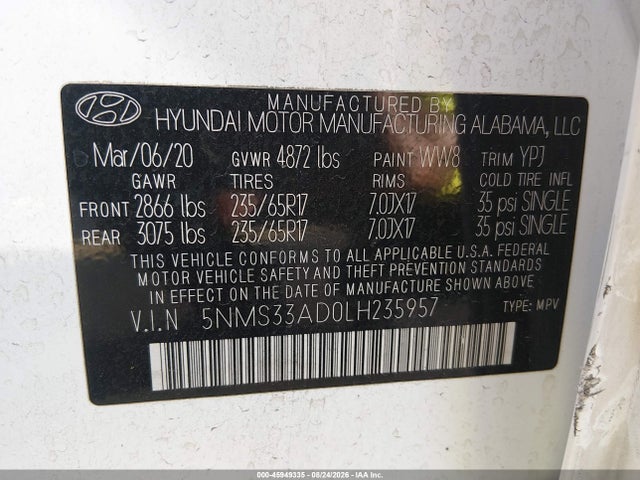 Продажа на аукционе авто 2020 Hyundai Santa Fe Sel, vin: 5NMS33AD0LH235957, номер лота: 45949335