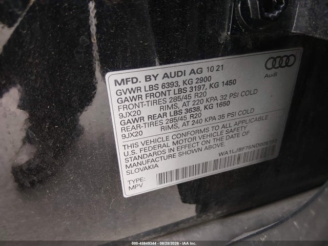 Aukcja sprzedaży 2022 Audi Q7 Premium Plus 45 Tfsi Quattro Tiptronic, vin: WA1LJBF75ND005103, numer aukcji: 45949344