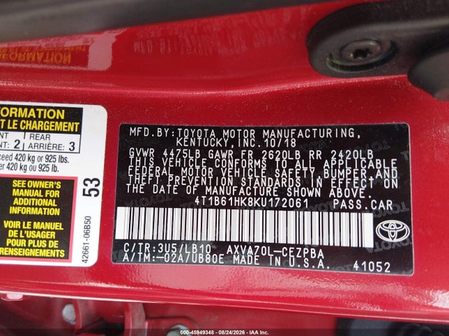 45949348 :رقم المزاد ، 4T1B61HK8KU172061 vin ، 2019 Toyota Camry Xse مزاد بيع