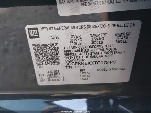 Продаж на аукціоні авто 2026 Chevrolet Silverado 1500 4wd  Short Bed Lt With 2fl, vin: 3GCPKKEKXTG178447, номер лоту: 45949349
