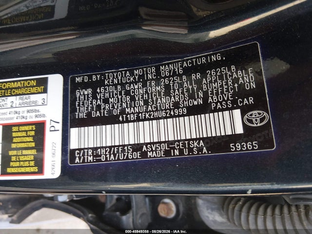 Aukcja sprzedaży 2017 Toyota Camry Se, vin: 4T1BF1FK2HU624999, numer aukcji: 45949358