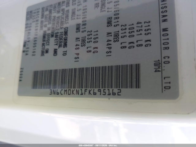 Aukcja sprzedaży 2015 Nissan Nv200 Sv, vin: 3N6CM0KN1FK695162, numer aukcji: 45949367