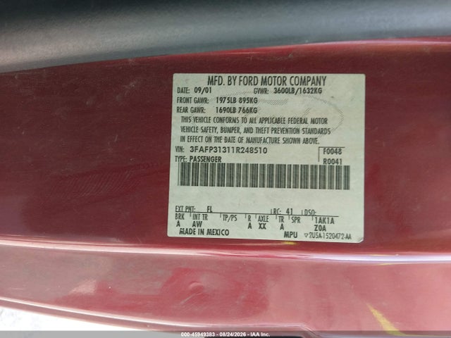 Продаж на аукціоні авто 2001 Ford Focus Zx3, vin: 3FAFP31311R248510, номер лоту: 45949383