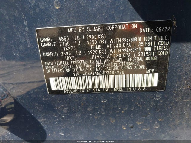 2023 Subaru Outback Limited მანქანა იყიდება აუქციონზე, vin: 4S4BTAMC4P3109270, აუქციონის ნომერი: 45949386