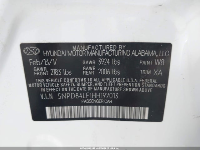 45949397 :رقم المزاد ، 5NPD84LF1HH192013 vin ، 2017 Hyundai Elantra Se مزاد بيع