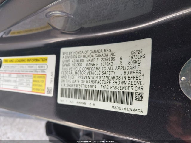 45949401 :رقم المزاد ، 2HGFE4F89TH314604 vin ، 2026 Honda Civic Hybrid Sport/sport Touring مزاد بيع