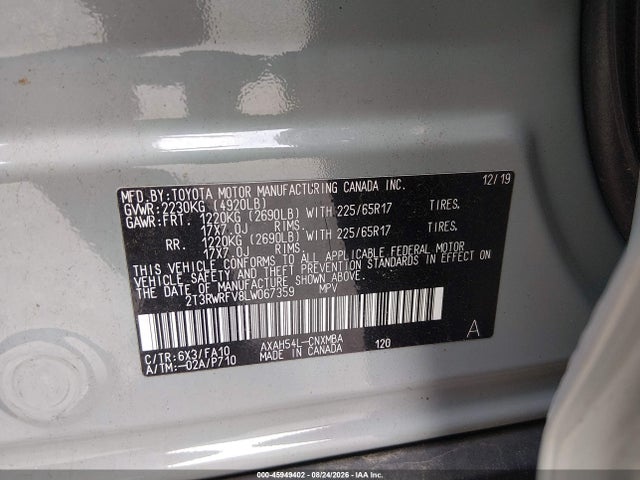 Aukcja sprzedaży 2020 Toyota Rav4 Hybrid Xle, vin: 2T3RWRFV8LW067359, numer aukcji: 45949402