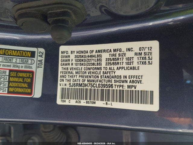 Продаж на аукціоні авто 2012 Honda Cr-v Ex-l, vin: 5J6RM3H75CL039596, номер лоту: 45949405