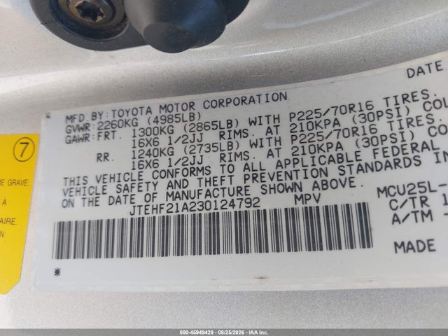 Aukcja sprzedaży 2003 Toyota Highlander Limited V6, vin: JTEHF21A230124792, numer aukcji: 45949429