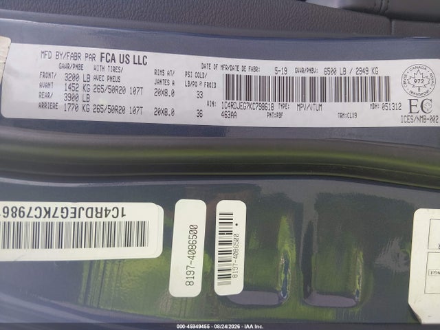 2019 Dodge Durango Citadel მანქანა იყიდება აუქციონზე, vin: 1C4RDJEG7KC798618, აუქციონის ნომერი: 45949455