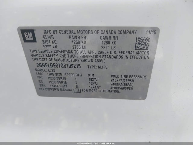 45949460 :رقم المزاد ، 2GNFLGE37G6199215 vin ، 2016 Chevrolet Equinox Ltz مزاد بيع
