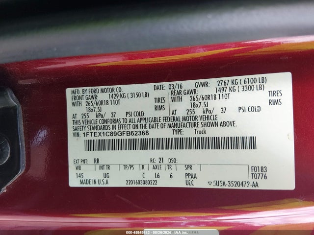 Auction sale of the 2016 Ford F-150 Xlt, vin: 1FTEX1C89GFB62368, lot number: 45949482
