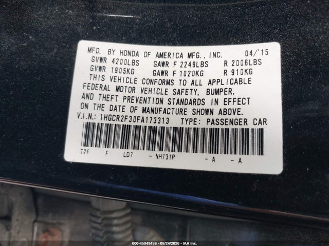 2015 Honda Accord Lx მანქანა იყიდება აუქციონზე, vin: 1HGCR2F30FA173313, აუქციონის ნომერი: 45949496