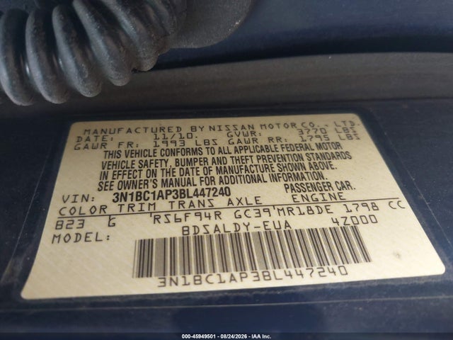 2011 Nissan Versa 1.8s მანქანა იყიდება აუქციონზე, vin: 3N1BC1AP3BL447240, აუქციონის ნომერი: 45949501