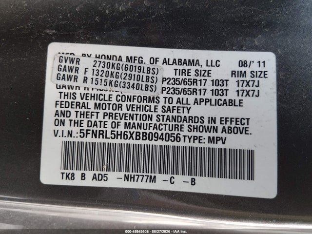 Aukcja sprzedaży 2011 Honda Odyssey Ex-l, vin: 5FNRL5H6XBB094056, numer aukcji: 45949506