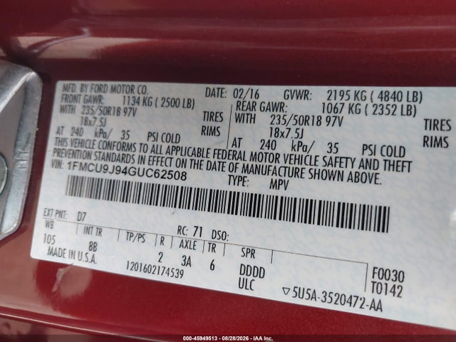 Ford Escape Titanium 2016 1FMCU9J94GUC62508 Image 9