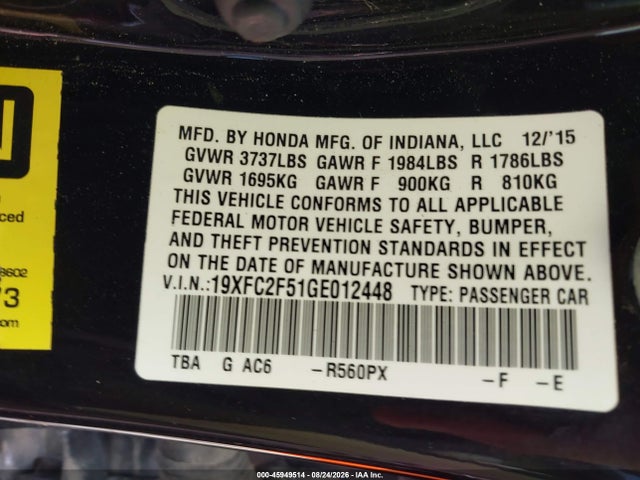 45949514 :رقم المزاد ، 19XFC2F51GE012448 vin ، 2016 Honda Civic Lx مزاد بيع