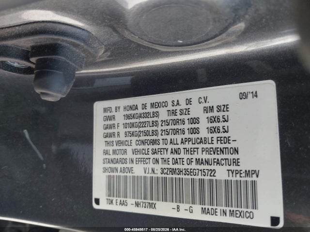2014 Honda Cr-v Lx მანქანა იყიდება აუქციონზე, vin: 3CZRM3H35EG715722, აუქციონის ნომერი: 45949517