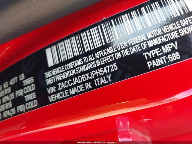 Aukcja sprzedaży 2018 Jeep Renegade Limited Fwd, vin: ZACCJADBXJPH54725, numer aukcji: 45949518
