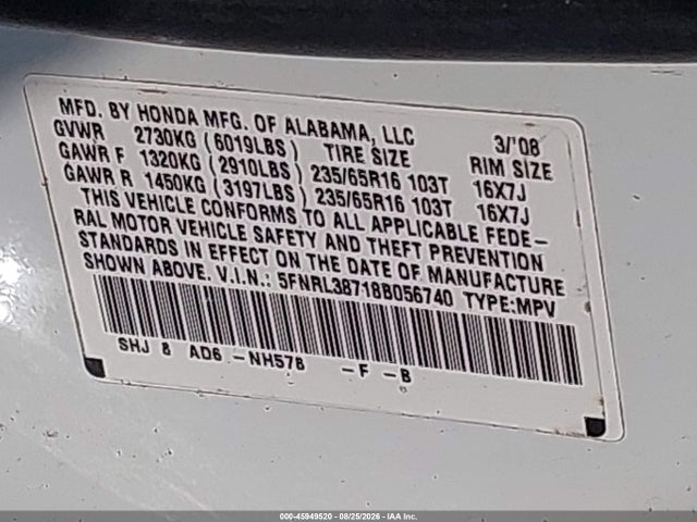 2008 Honda Odyssey Ex-l მანქანა იყიდება აუქციონზე, vin: 5FNRL38718B056740, აუქციონის ნომერი: 45949520