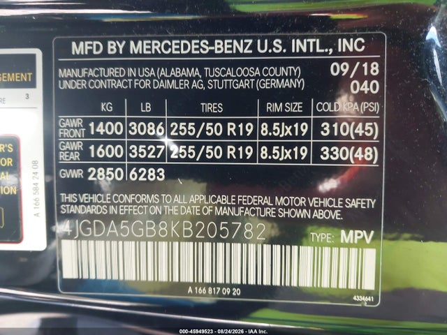 45949523 :رقم المزاد ، 4JGDA5GB8KB205782 vin ، 2019 Mercedes-benz Gle 400 4matic مزاد بيع
