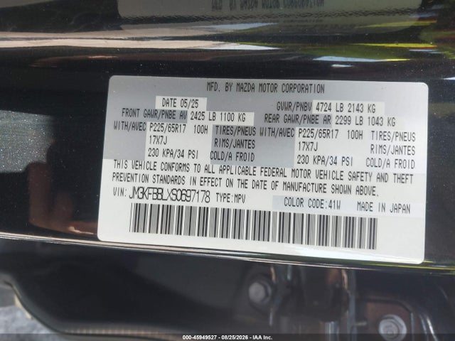 45949527 :رقم المزاد ، JM3KFBBLXS0697178 vin ، 2025 Mazda Cx-5 2.5 S Select مزاد بيع