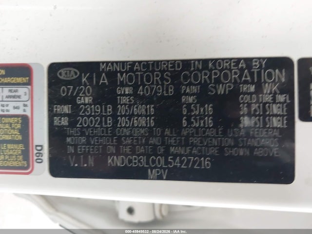 Aukcja sprzedaży 2020 Kia Niro Lx, vin: KNDCB3LC0L5427216, numer aukcji: 45949532