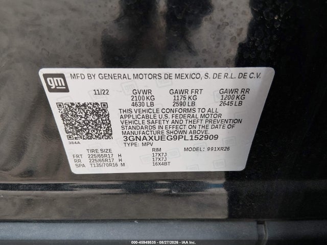 45949535 :رقم المزاد ، 3GNAXUEG9PL152909 vin ، 2023 Chevrolet Equinox Awd Lt مزاد بيع