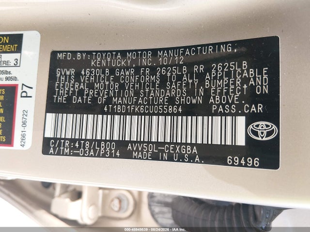 Aukcja sprzedaży 2012 Toyota Camry Hybrid Xle, vin: 4T1BD1FK6CU055864, numer aukcji: 45949539