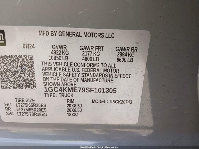 45949546 :رقم المزاد ، 1GC4KME79SF101305 vin ، 2025 Chevrolet Silverado 2500hd 4wd  Standard Bed Custom مزاد بيع
