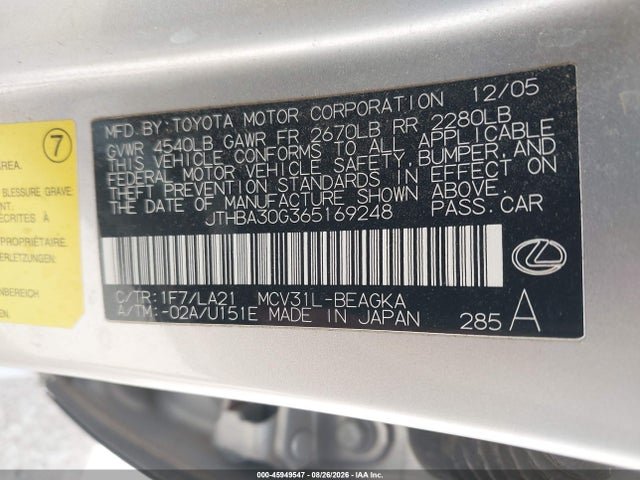 Продаж на аукціоні авто 2006 Lexus Es 330, vin: JTHBA30G365169248, номер лоту: 45949547