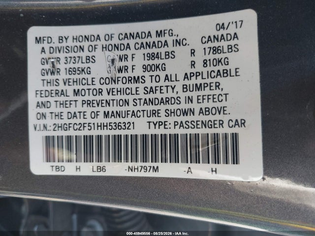 45949556 :رقم المزاد ، 2HCFC2F51HH536321 vin ، 2017 Honda Civic مزاد بيع