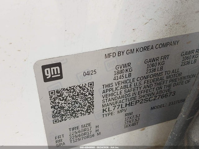 45949568 :رقم المزاد ، KL77LHEP2SC276673 vin ، 2025 Chevrolet Trax Fwd Lt مزاد بيع