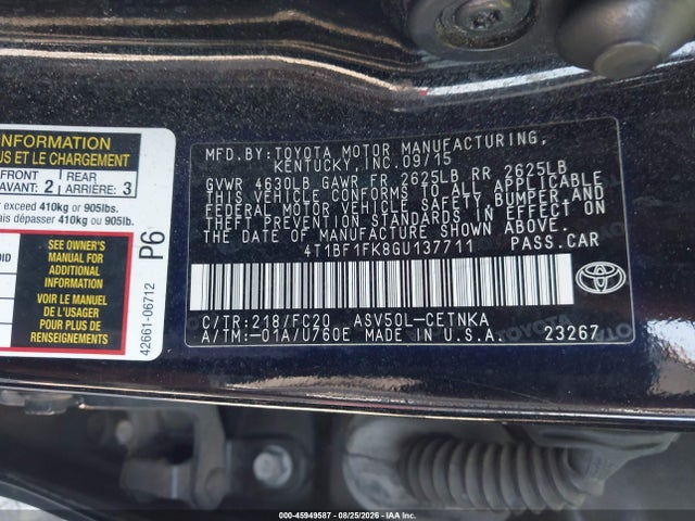 45949587 :رقم المزاد ، 4T1BF1FK8GU137711 vin ، 2016 Toyota Camry Le مزاد بيع