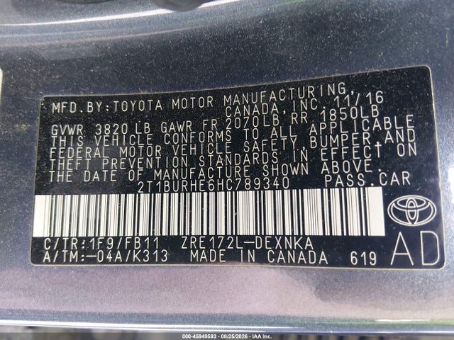 Продаж на аукціоні авто 2017 Toyota Corolla Le, vin: 2T1BURHE6HC789340, номер лоту: 45949593
