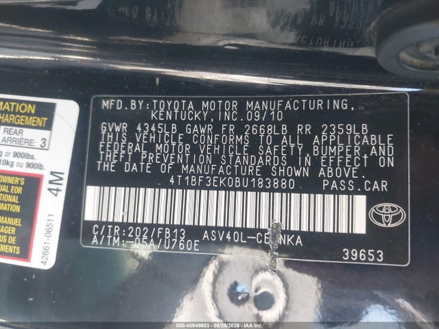 45949603 :رقم المزاد ، 4T1BF3EK0BU183880 vin ، 2011 Toyota Camry Le مزاد بيع