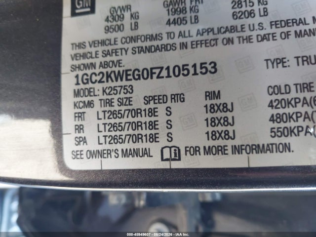 1GC2KWEG0FZ105153 Chevrolet Silverado 2500hd Ltz
