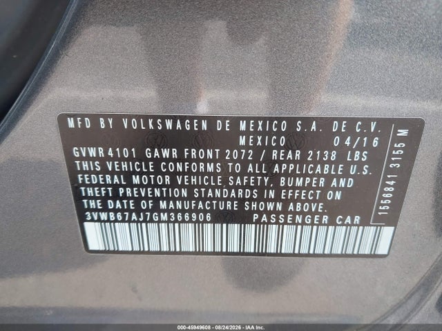 Aukcja sprzedaży 2016 Volkswagen Jetta 1.4t Se, vin: 3VWB67AJ7GM366906, numer aukcji: 45949608